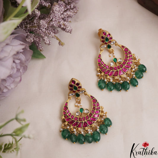 Gorgeous Teardrop Motifs Chandbali Earrings With Green Bead Drops E1069