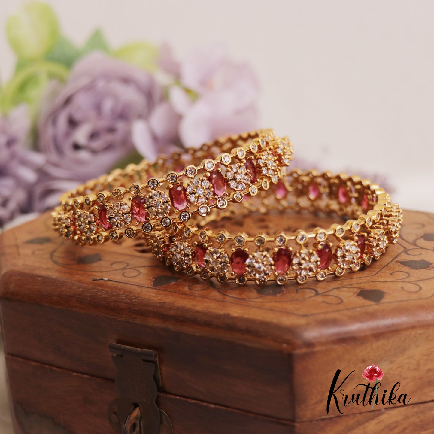 Beautiful Sparking Floral AD/Victorian Bangles B412 Set Of 2 (Available in 3 Colours)