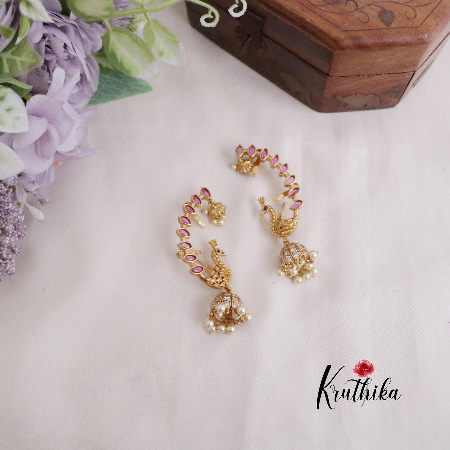 Simple trendy Ruby peacock AD Earcuff Jhumkas E487 (Available in 2 Colours)