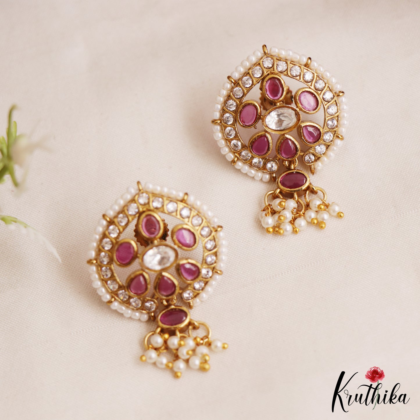 Elegant Pearl Border Floral Stud Earrings With Pearl Drops E1110 (Available In 5 Colors)