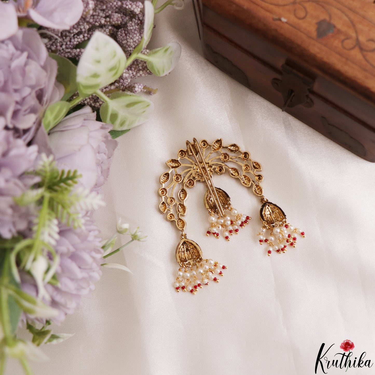 Elegant Antique Leaf Floral Motifs Jhumka Drops Jada Billa With Pearl Bead Drops J429 (Available In 2 Colors)