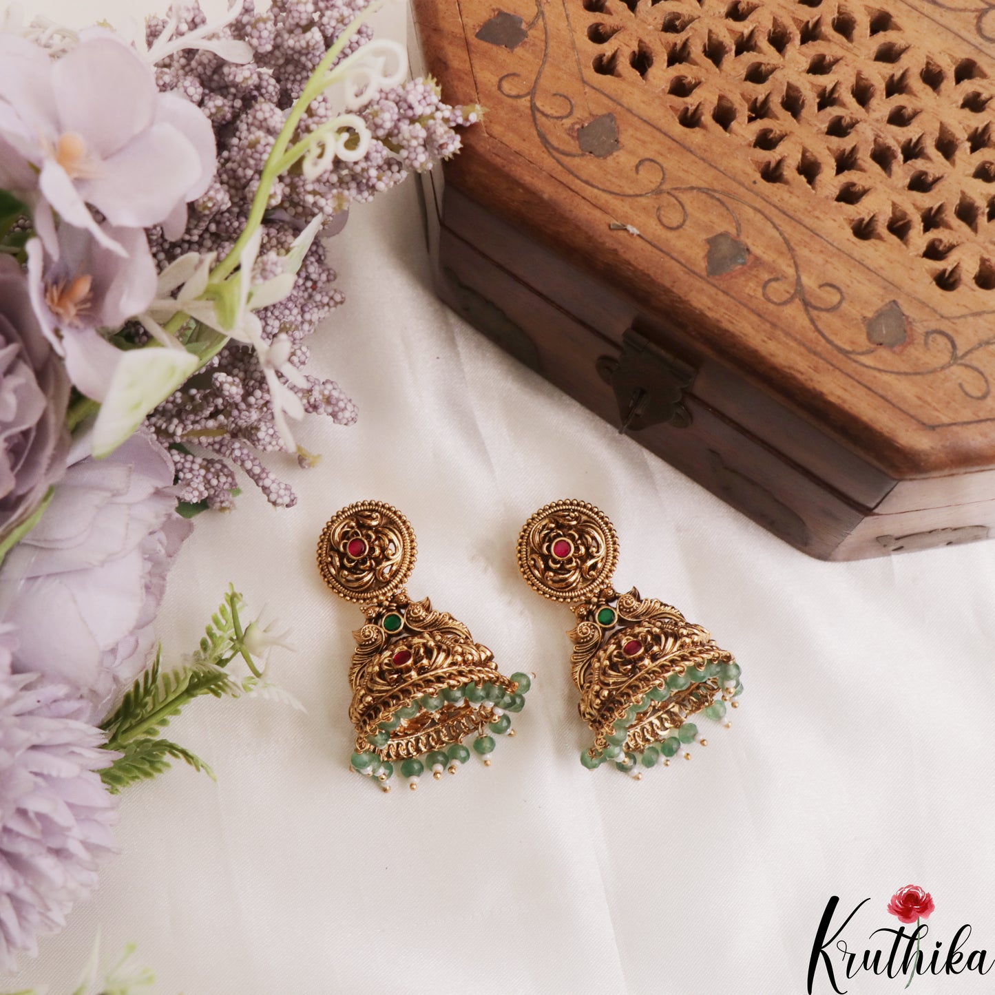 Premium Antique Floral Peacock Motifs Jhumkas With Green Bead Drops E1181