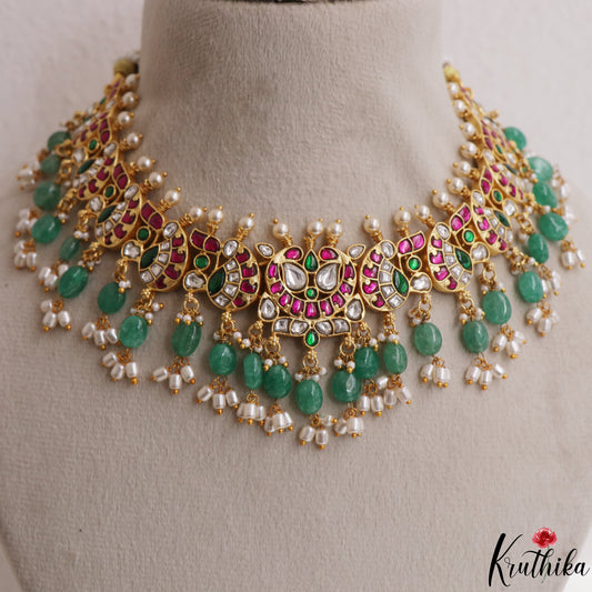 Gorgeous Mango Motifs Jadau Choker With Green Bead Drops NC3119