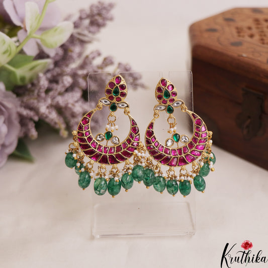 Gorgeous Teardrop Motifs Chandbali Earrings With Green Bead Drops E1069