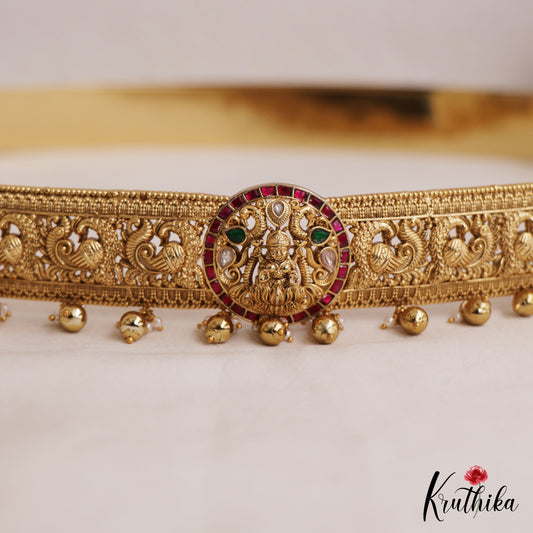 Stunning Antique Lakshmi Peacock Motifs Kemp Hip Belt With Bead Drops V353 (Available In 2 Colors)