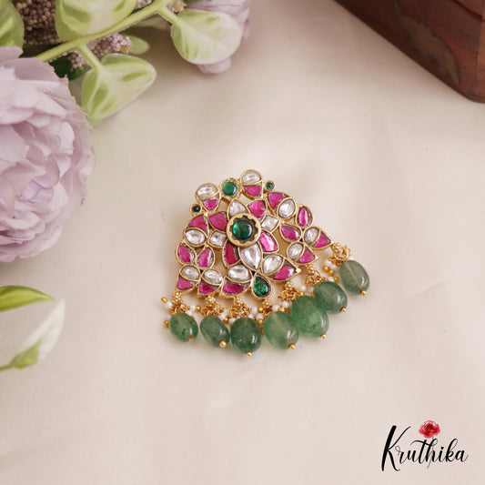 Elegant Floral Jadau Pendant With Pearl And Bead Drops PS250