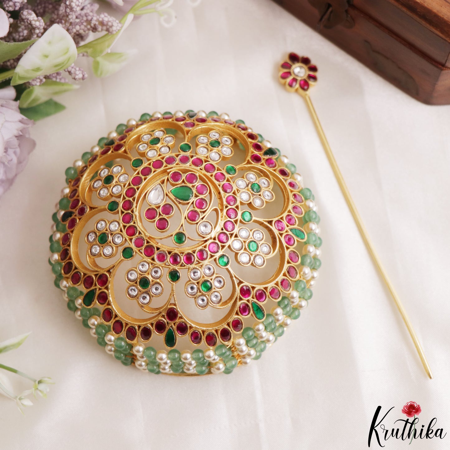 Gorgeous Jadau Hair Bun With Pearl And Bead Tiers J439