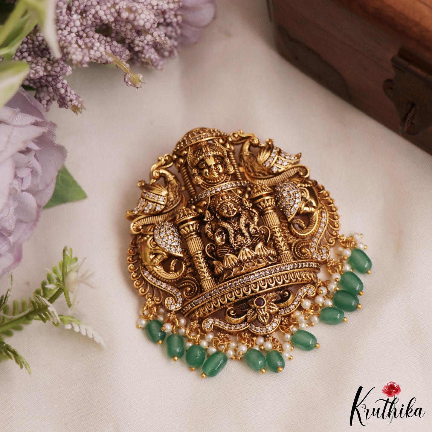 Premium Antique Nagas Lakshmi Peacock Motifs Pendant With Green Bead Drops PS292