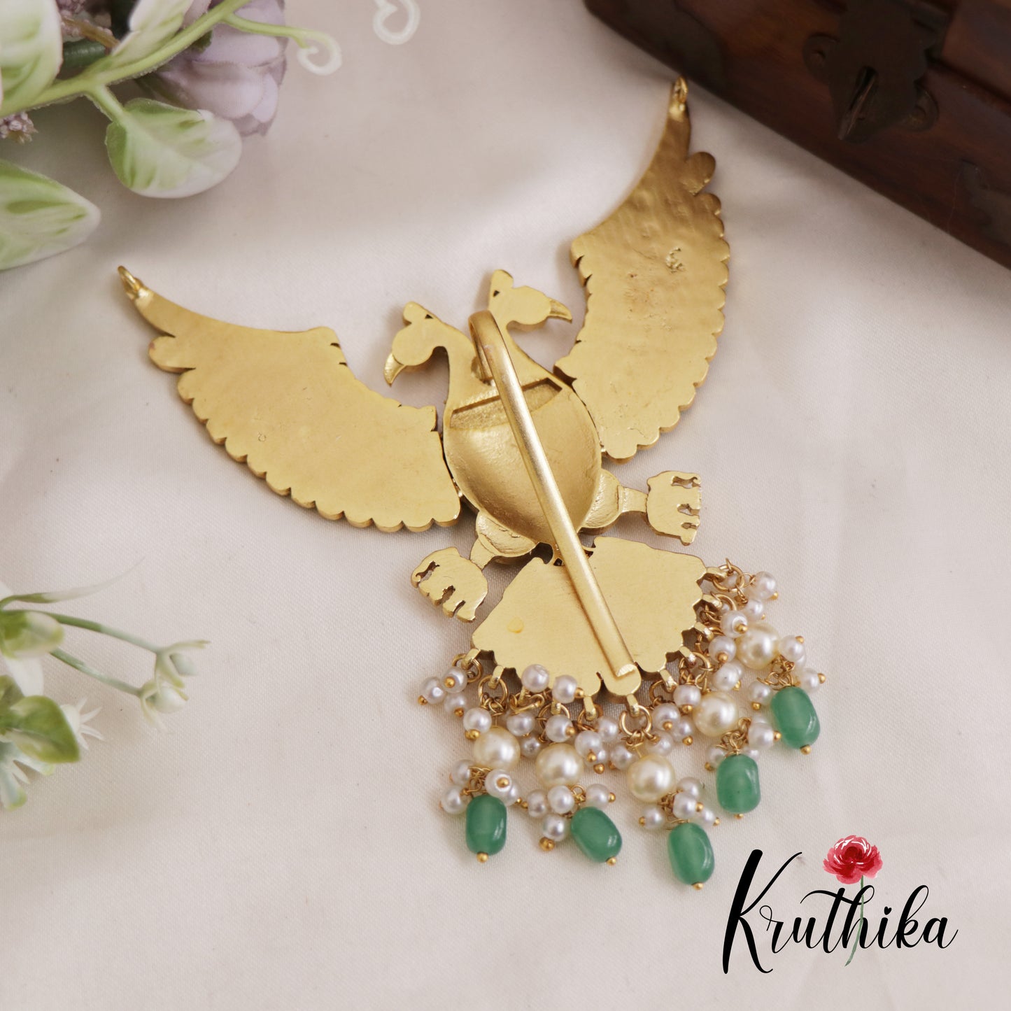 Premium Gandaberunda Jadau Pendant with Pearl And Beads Drops PS253 (Available In 2 Colors)