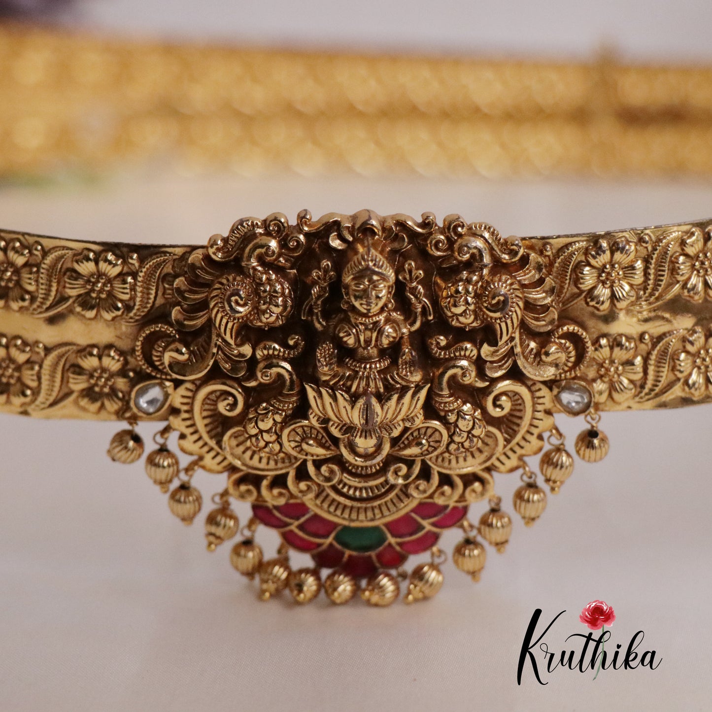 Premium Antique Light Weight Temple Lotus Lakshmi Vaddanam with Golden Beads V280 (Available in 2 Colors)