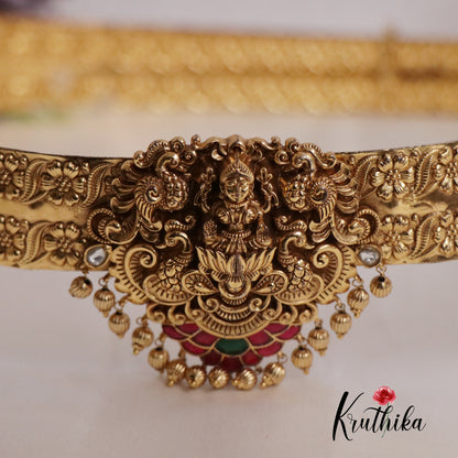 Premium Antique Light Weight Temple Lotus Lakshmi Vaddanam with Golden Beads V280 (Available in 2 Colors)