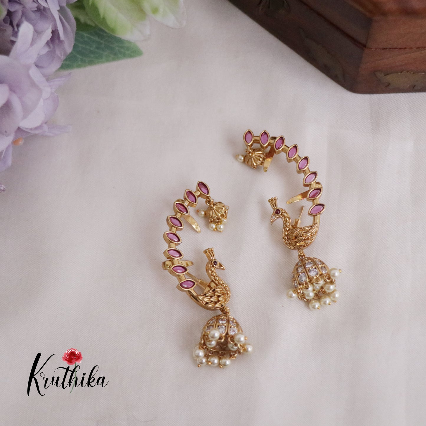 Simple trendy Ruby peacock AD Earcuff Jhumkas E487 (Available in 2 Colours)