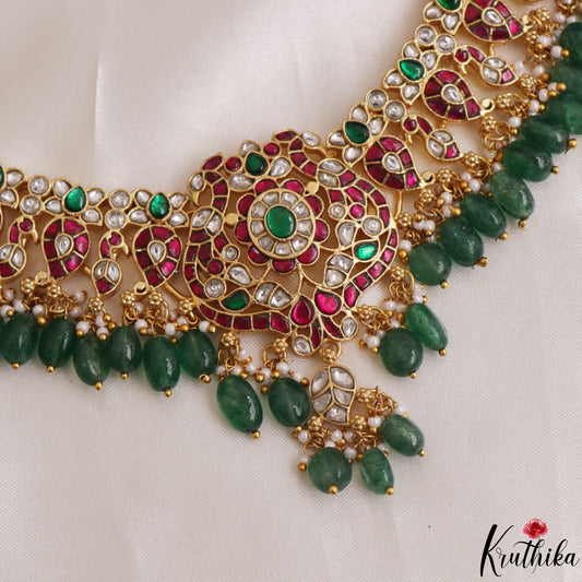 Gorgeous Floral Peacock Motifs Jadau Choker With Green Bead Drops NC3104