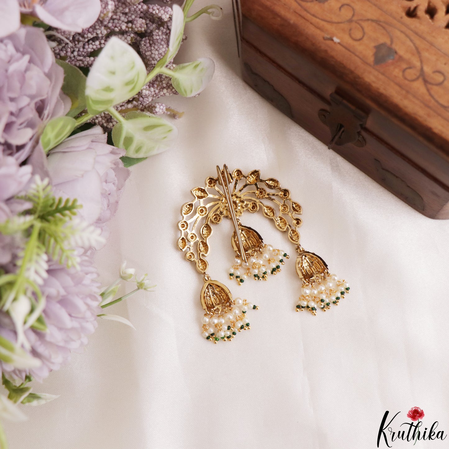 Elegant Antique Leaf Floral Motifs Jhumka Drops Jada Billa With Pearl Bead Drops J429 (Available In 2 Colors)