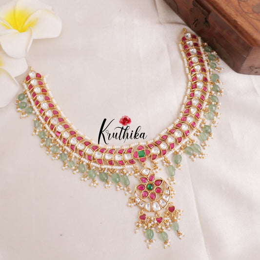 Elegant floral jadau necklace with pastel green beads NC1950