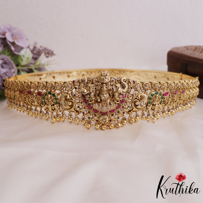 Premium Antique Nagas Lakshmi Peacock Motifs Jadau Hip Belt With Bead Drops V338 (Available In 2 colors)