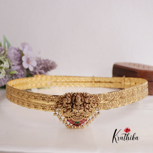 Premium Antique Light Weight Temple Lotus Lakshmi Vaddanam with Golden Beads V280 (Available in 2 Colors)