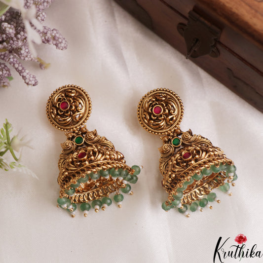 Premium Antique Floral Peacock Motifs Jhumkas With Green Bead Drops E1181