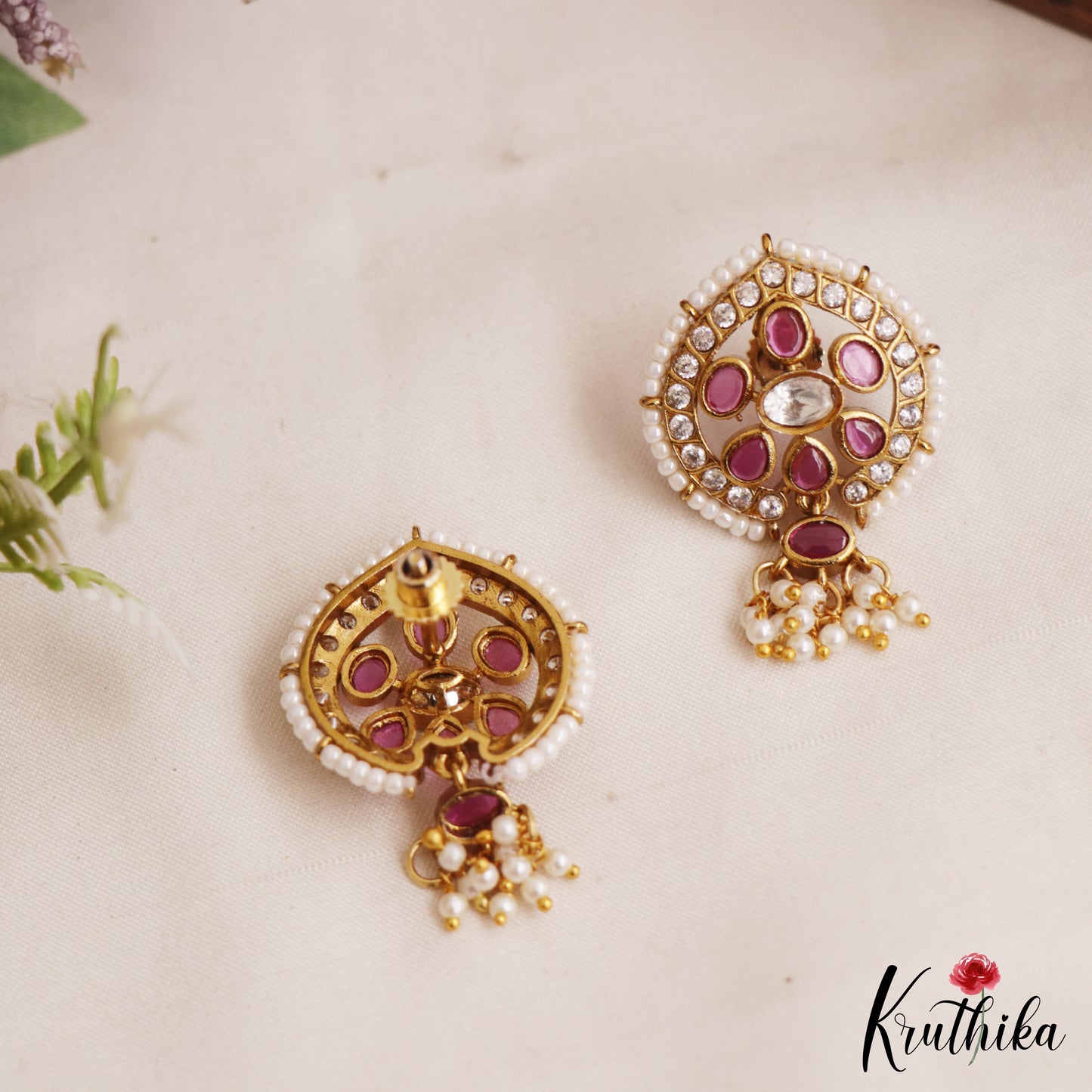 Elegant Pearl Border Floral Stud Earrings With Pearl Drops E1110 (Available In 5 Colors)