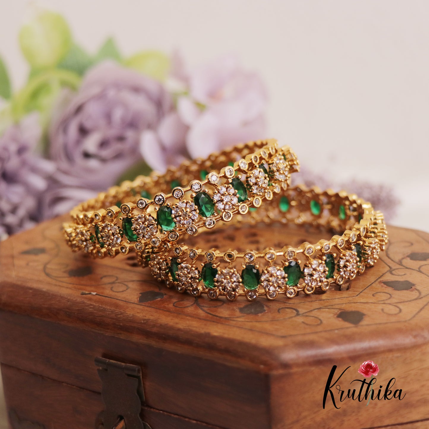 Beautiful Sparking Floral AD/Victorian Bangles B412 Set Of 2 (Available in 3 Colours)