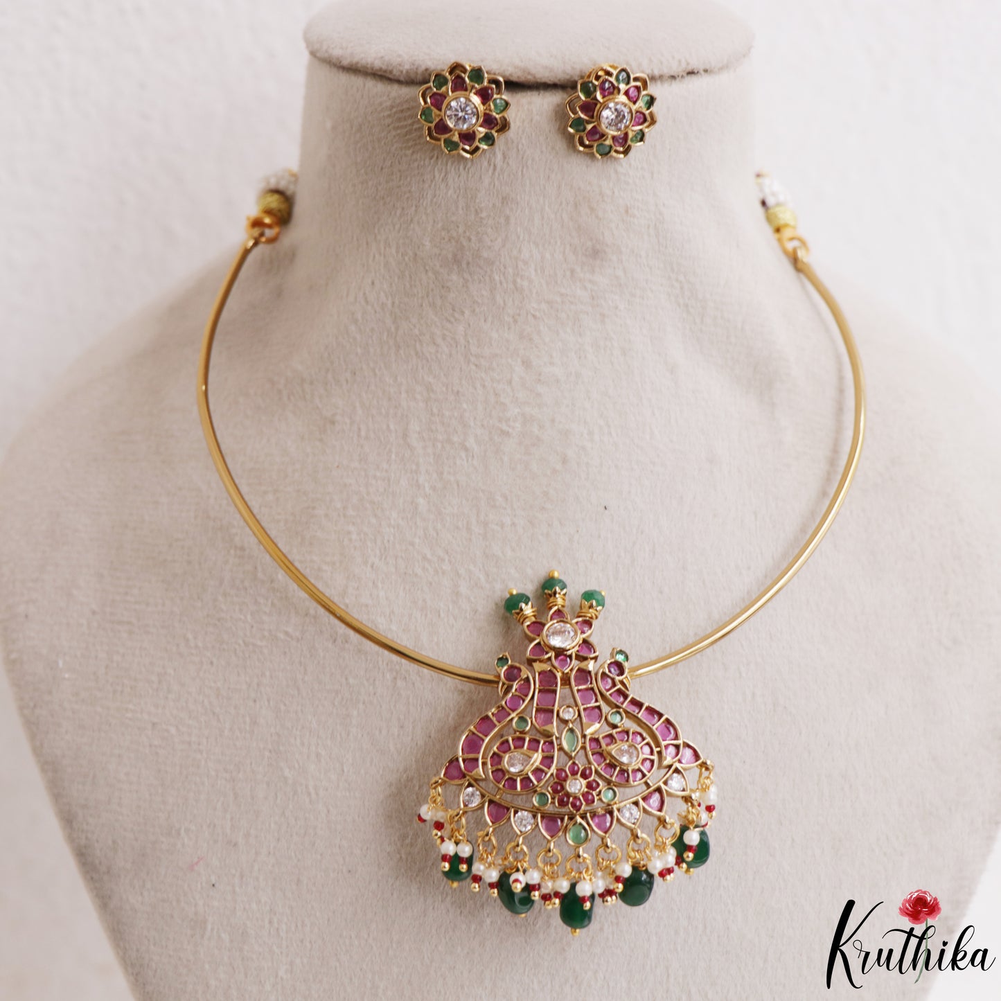 Beautiful Peacock Motifs Kemp Hasli Choker With Pearl Bead Drops NC3257 (Available In 3 Colors)
