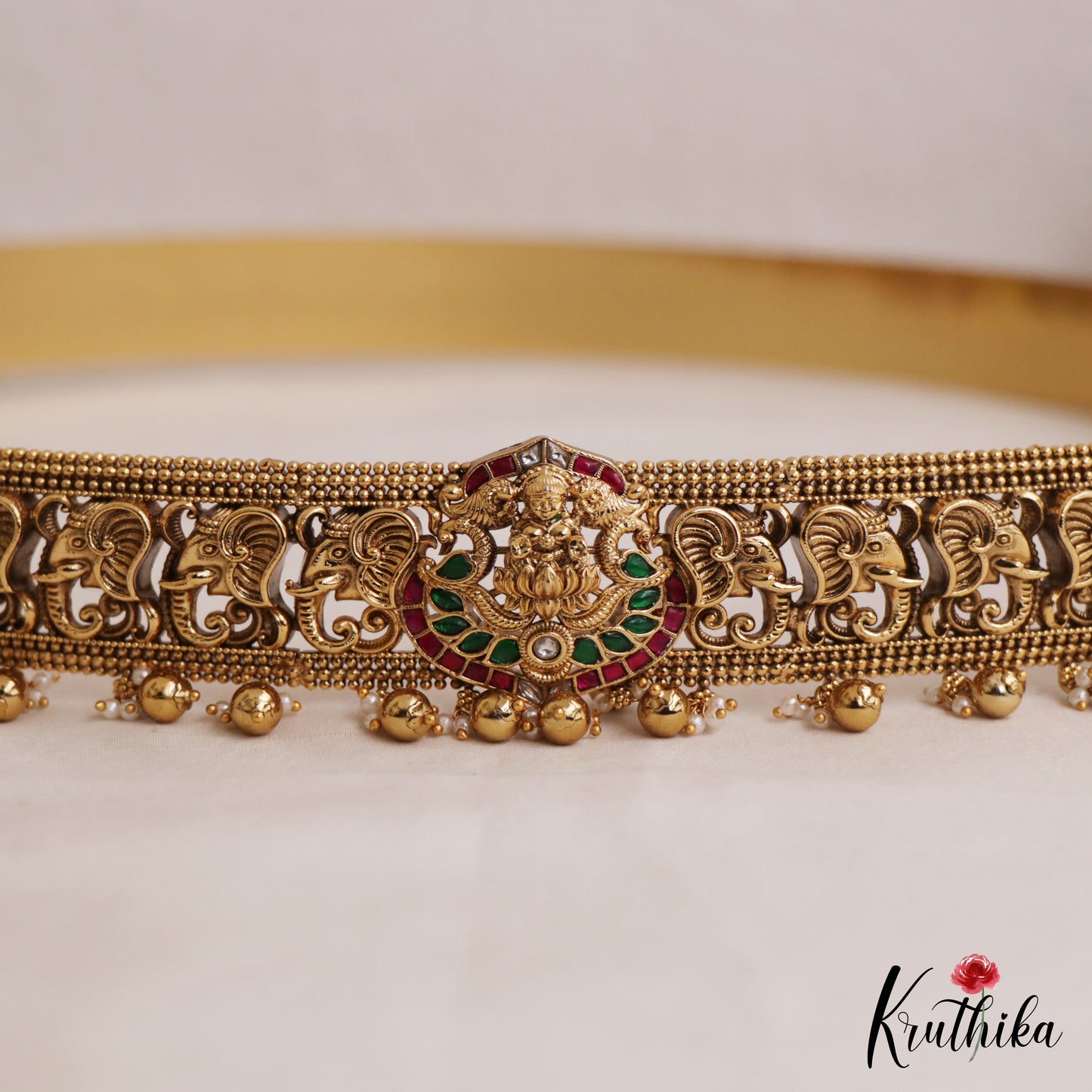 Gorgeous Antique Lakshmi Elephant Motifs Kemp Hip Belt With Bead Drops V352 (Available In 2 Colors)
