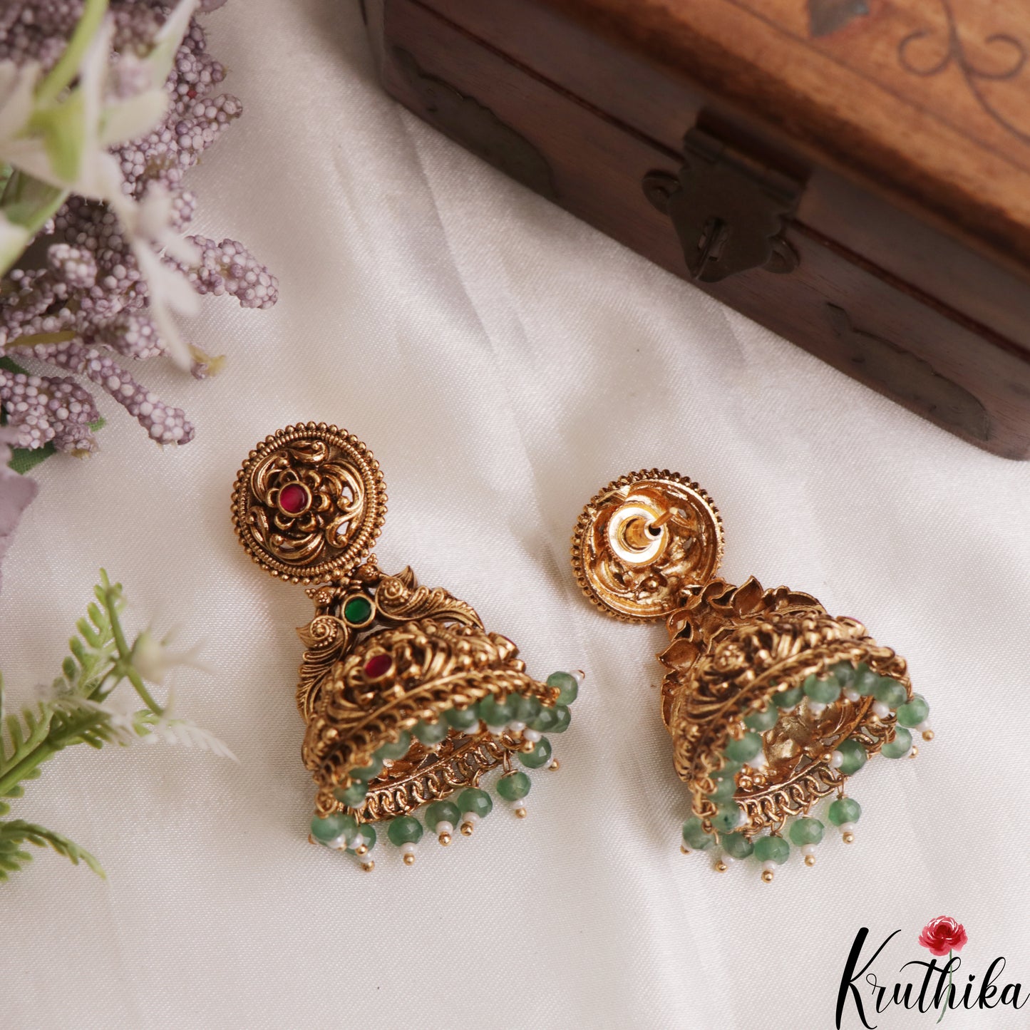 Premium Antique Floral Peacock Motifs Jhumkas With Green Bead Drops E1181