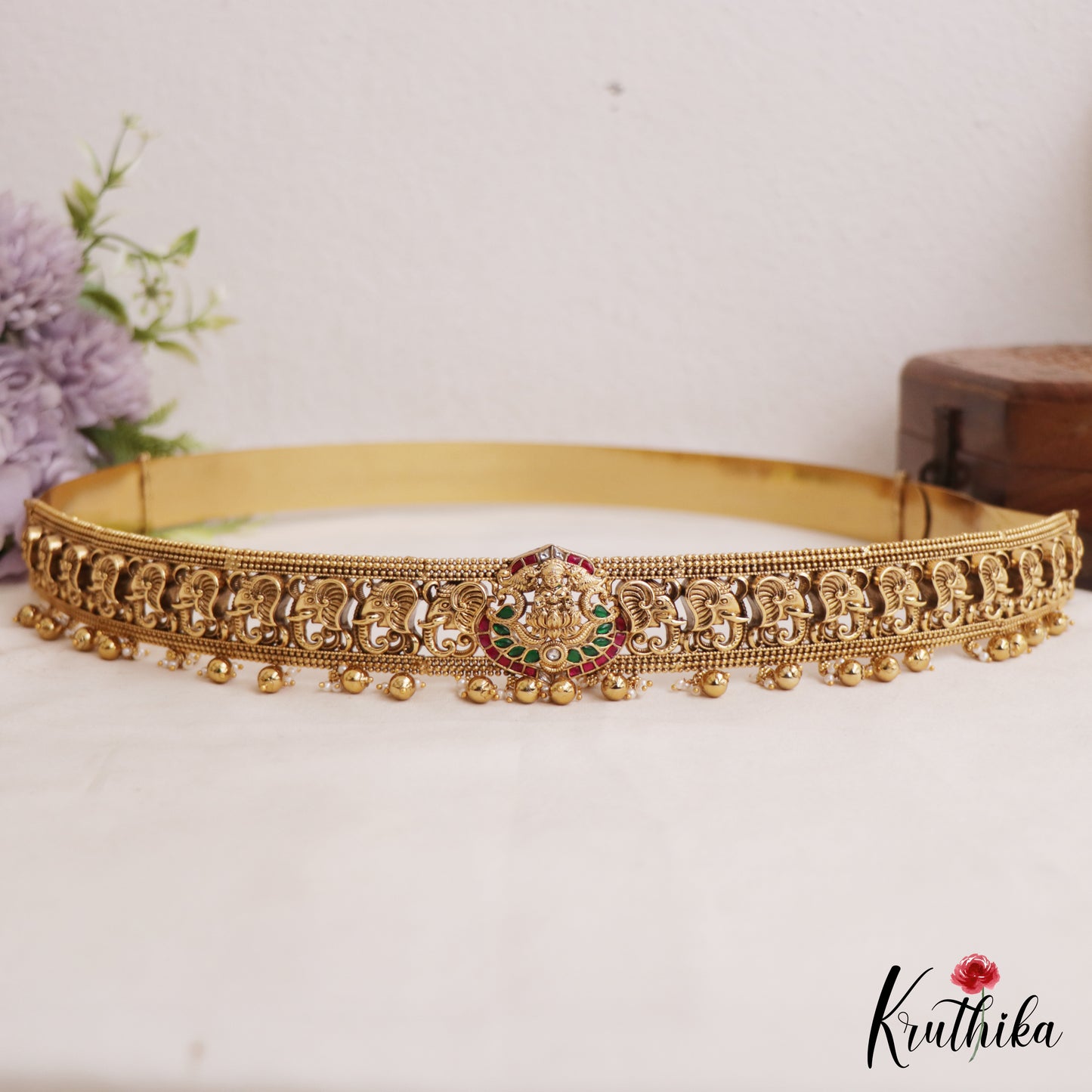Gorgeous Antique Lakshmi Elephant Motifs Kemp Hip Belt With Bead Drops V352 (Available In 2 Colors)