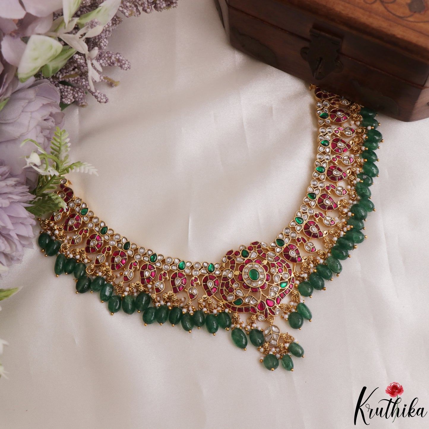 Gorgeous Floral Peacock Motifs Jadau Choker With Green Bead Drops NC3104