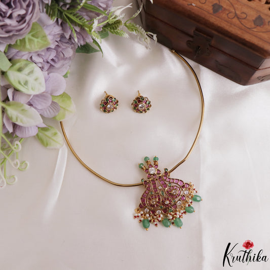 Beautiful Peacock Motifs Kemp Hasli Choker With Pearl Bead Drops NC3257 (Available In 3 Colors)