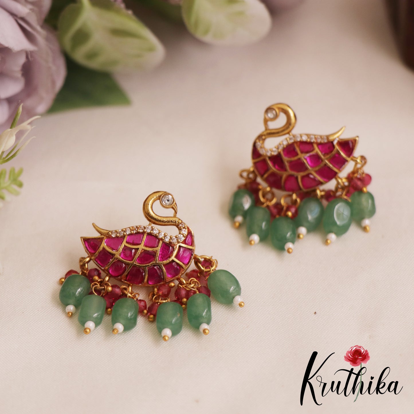 Sparkling Swan Motifs Jadau Stud Earrings With Green Bead Drops E1047