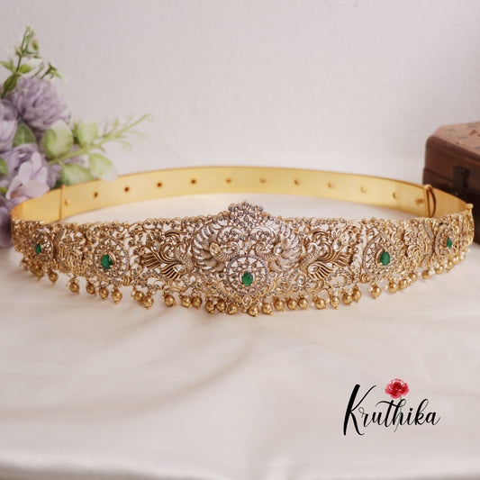 Premium AD And Kemp Floral Peacock Motifs Hip Belt with Golden Drops V314