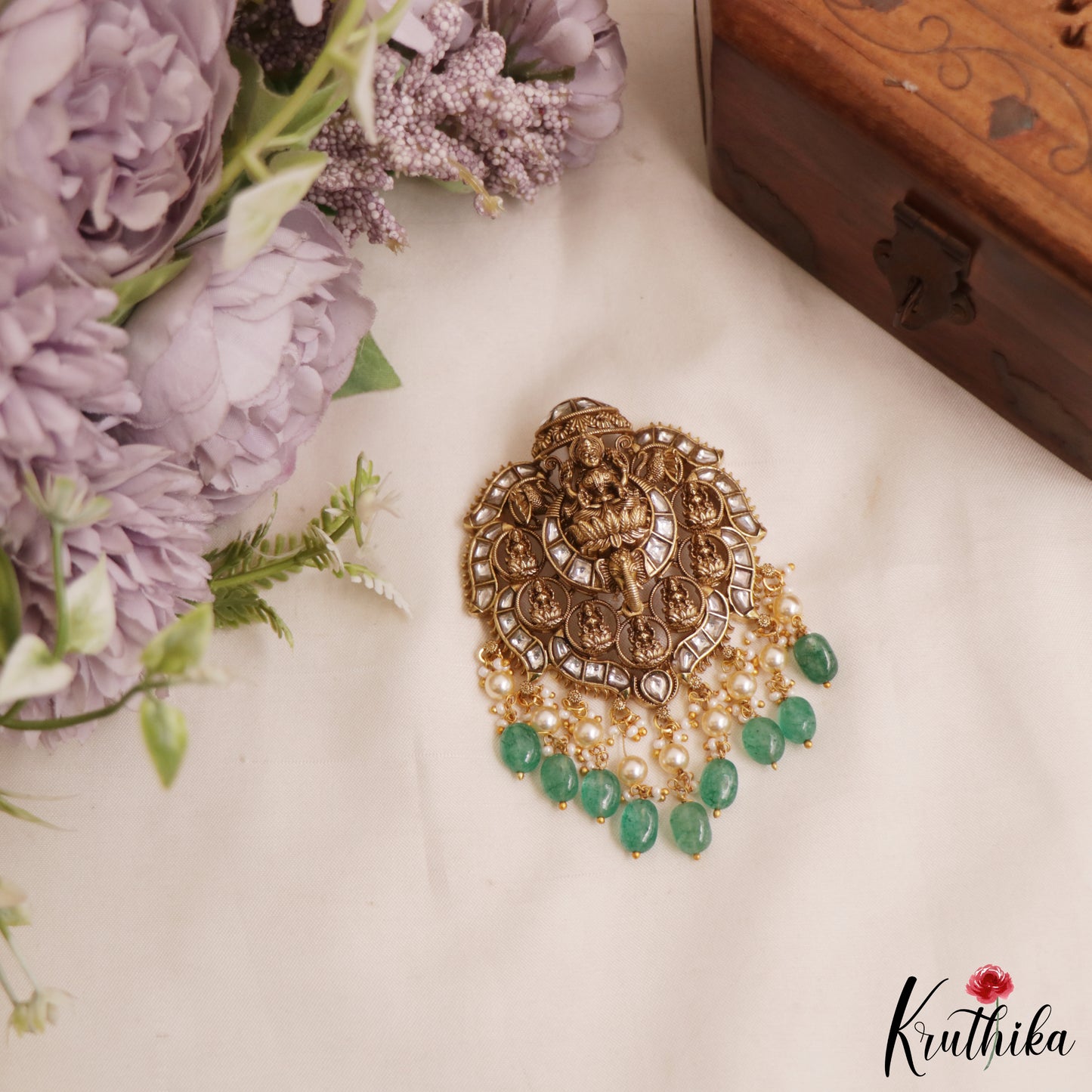 Premium Antique Nagas Lakshmi Motifs Jadau Pendant With Green Bead Drops PS293 (Available In 3 Colors)