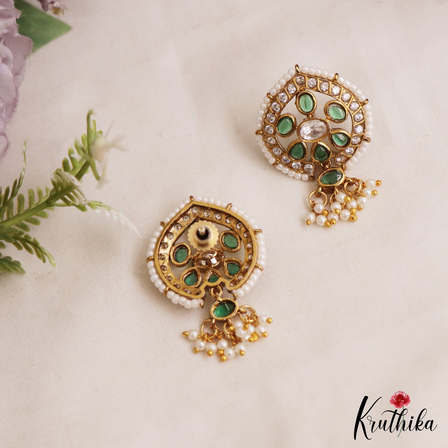 Elegant Pearl Border Floral Stud Earrings With Pearl Drops E1110 (Available In 5 Colors)