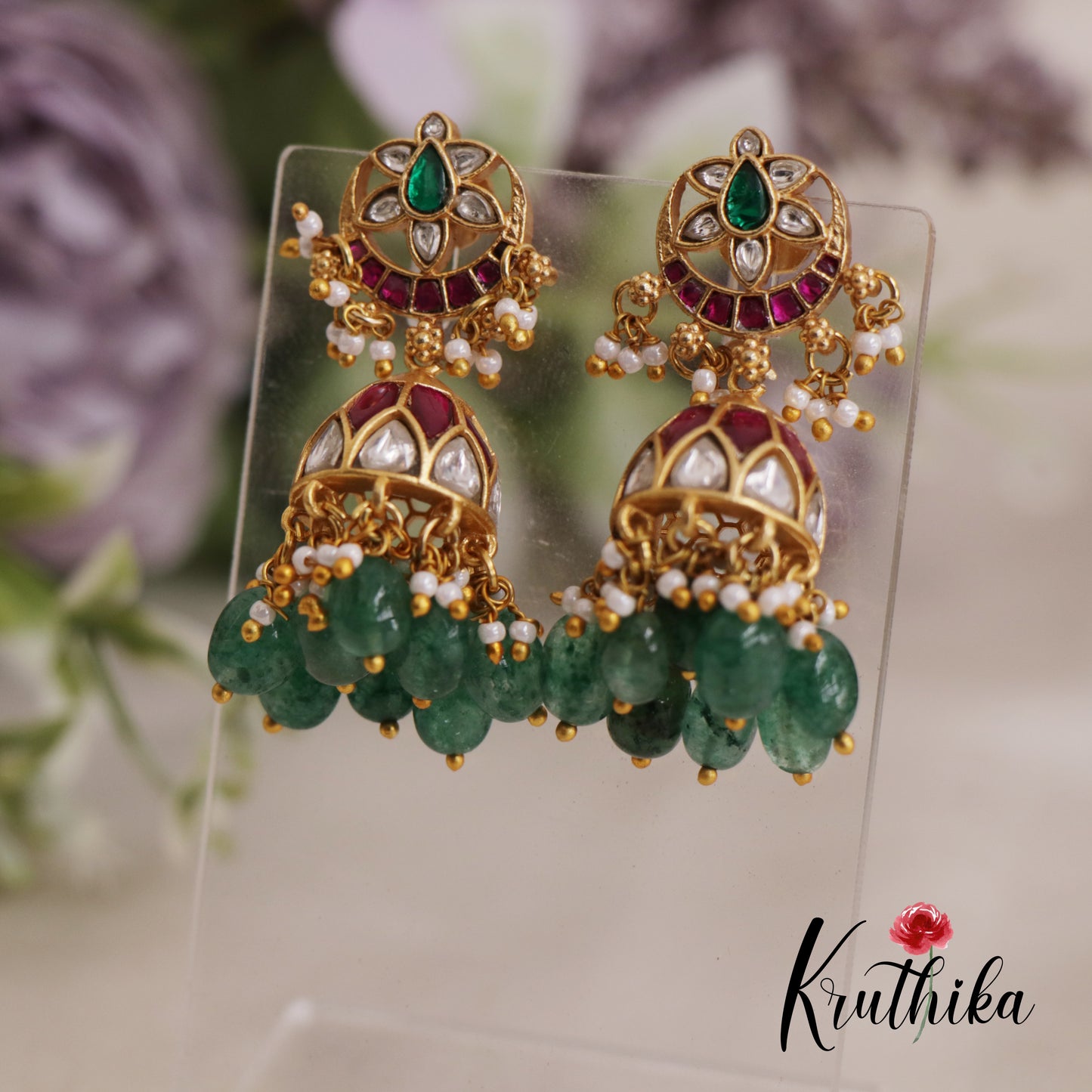 Gorgeous Floral Motifs Jhumka Jadau Earrings With Pearl And Bead Drops E861