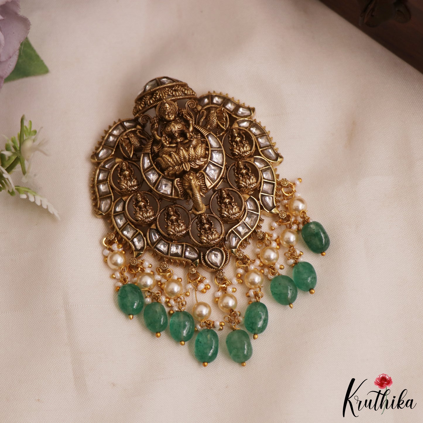 Premium Antique Nagas Lakshmi Motifs Jadau Pendant With Green Bead Drops PS293 (Available In 3 Colors)