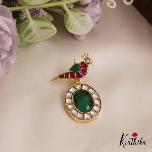 Elegant Peacock Motifs Jadau Pendant With Oval Shape Drop PS251