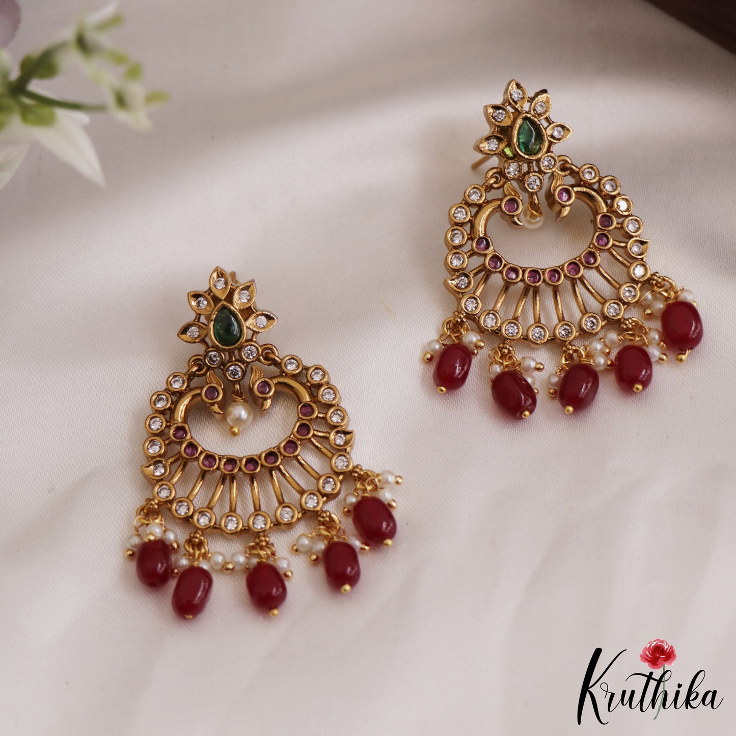Stunning Peacock Floral Motifs  chandbali Earrings With Pearl And Bead Drops E886 (Available In 2 Colors)