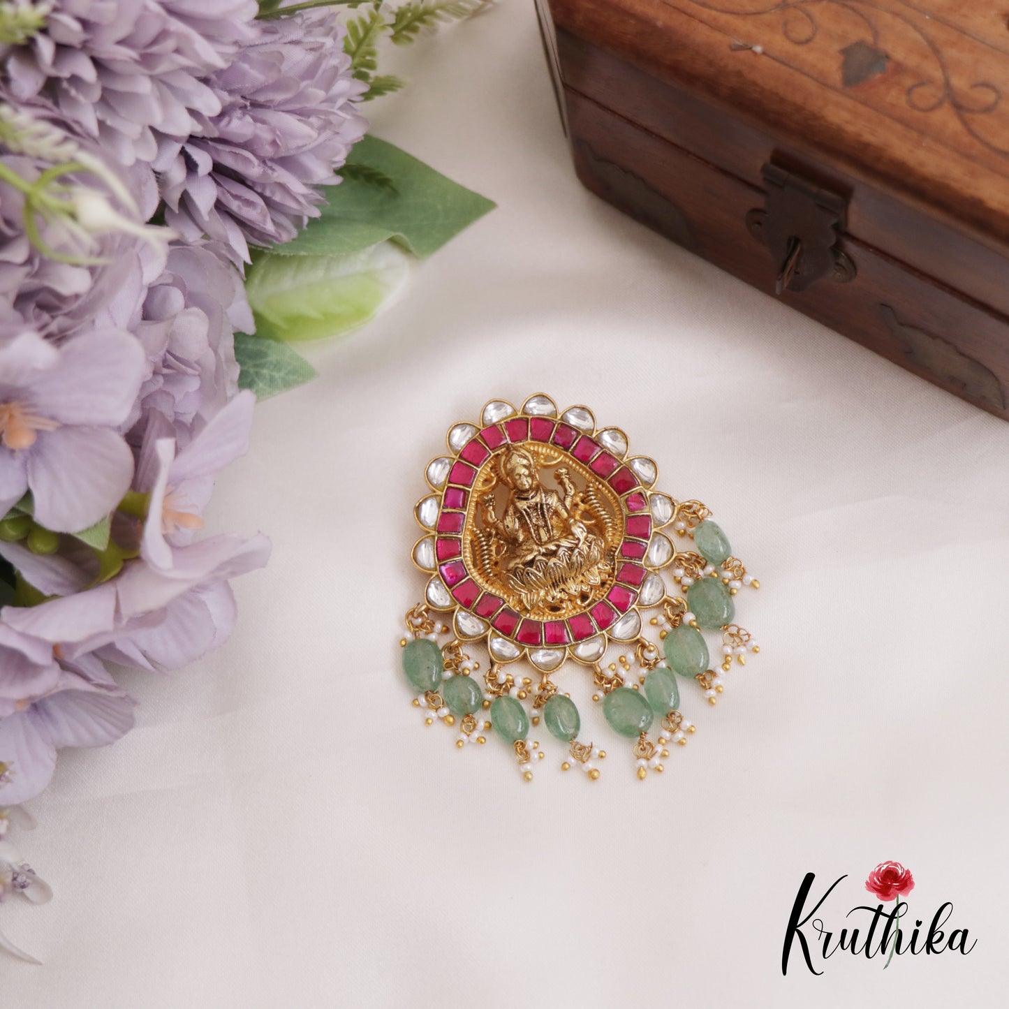 Elegant Antique Lakshmi Motifs Jadau Pendant With Green Bead Drops PS272