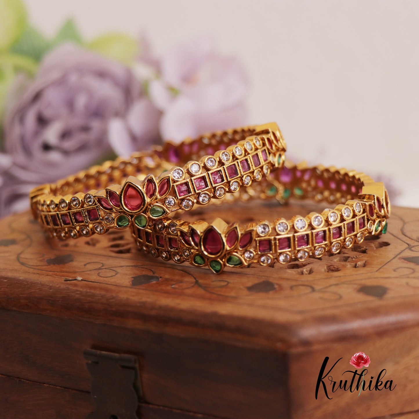 Stunning Lotus Geometric Jadau Bangles B373 (Set of 2 Bangles)|(Available In 2 Colors)
