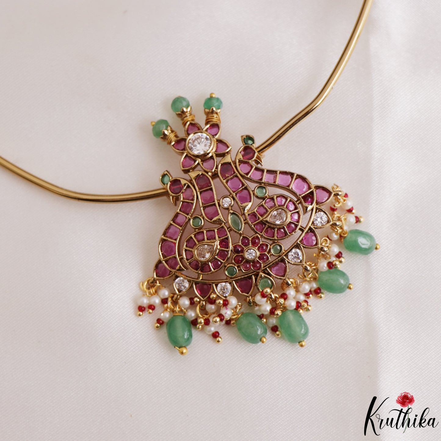 Beautiful Peacock Motifs Kemp Hasli Choker With Pearl Bead Drops NC3257 (Available In 3 Colors)