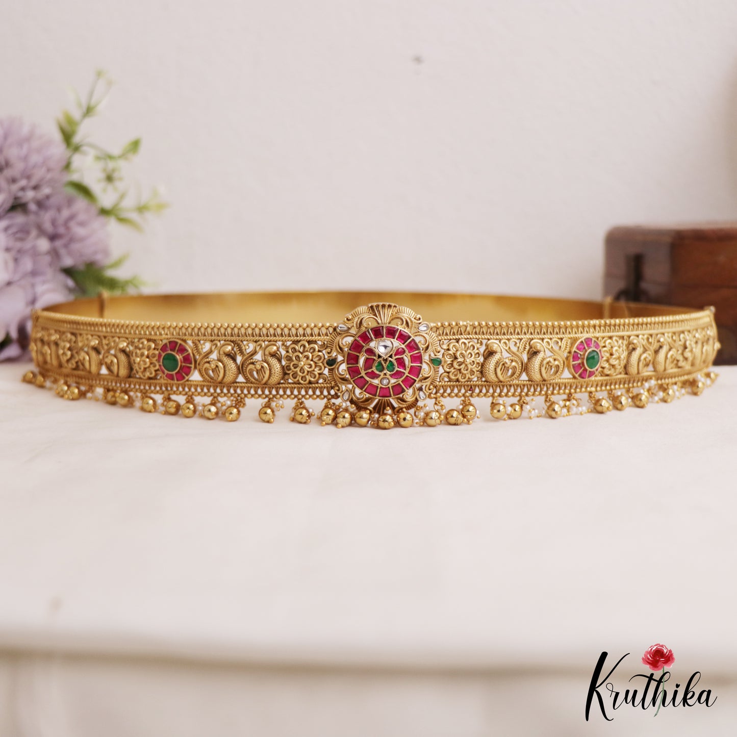 Stunning Antique Floral Peacock Motifs Kemp Hip Belt With Golden Bead Drops V355 (Available In 2 Colors)