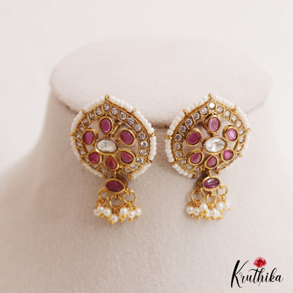 Elegant Pearl Border Floral Stud Earrings With Pearl Drops E1110 (Available In 5 Colors)