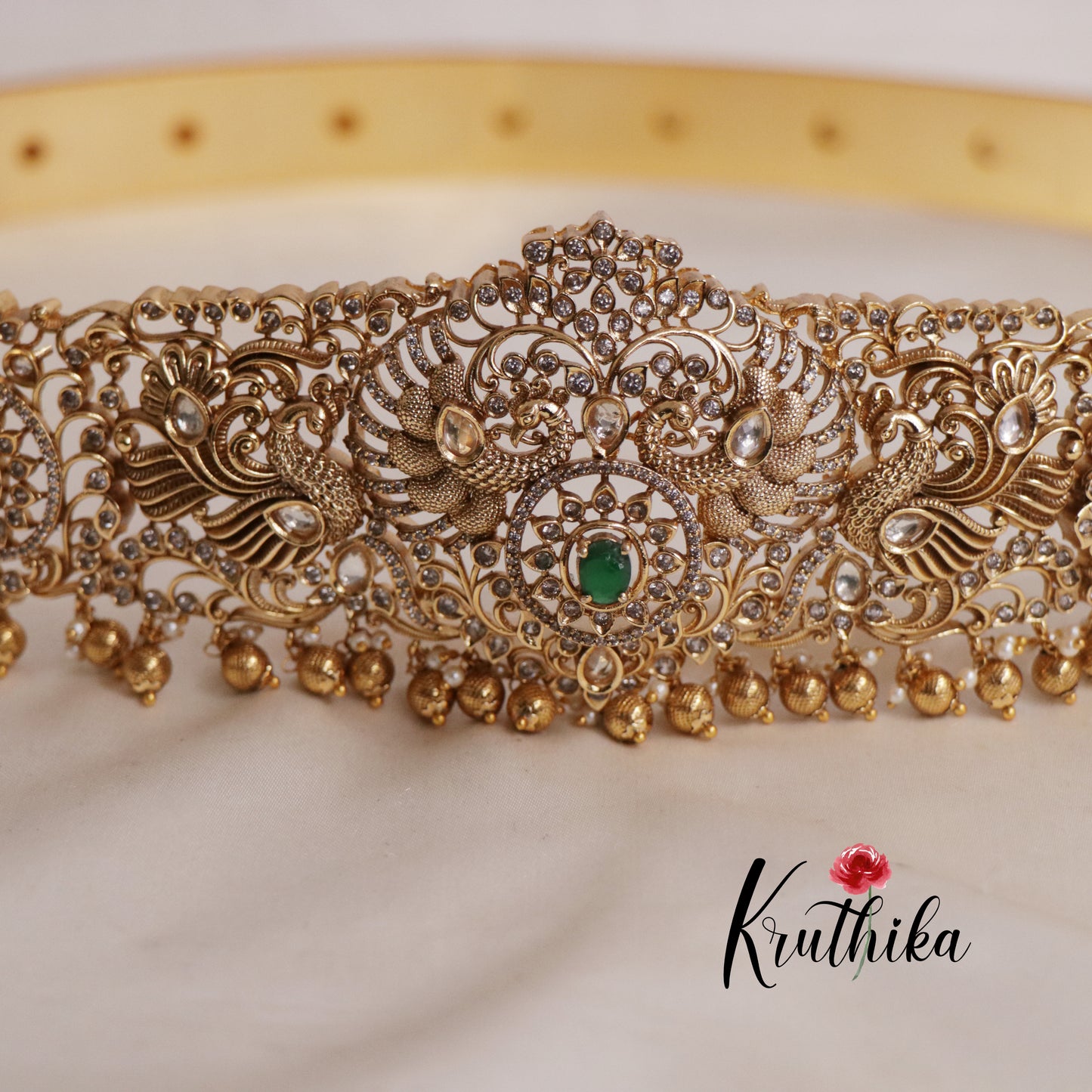 Premium AD And Kemp Floral Peacock Motifs Hip Belt with Golden Drops V314