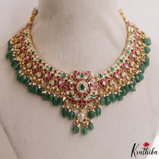 Gorgeous Floral Peacock Motifs Jadau Choker With Green Bead Drops NC3104