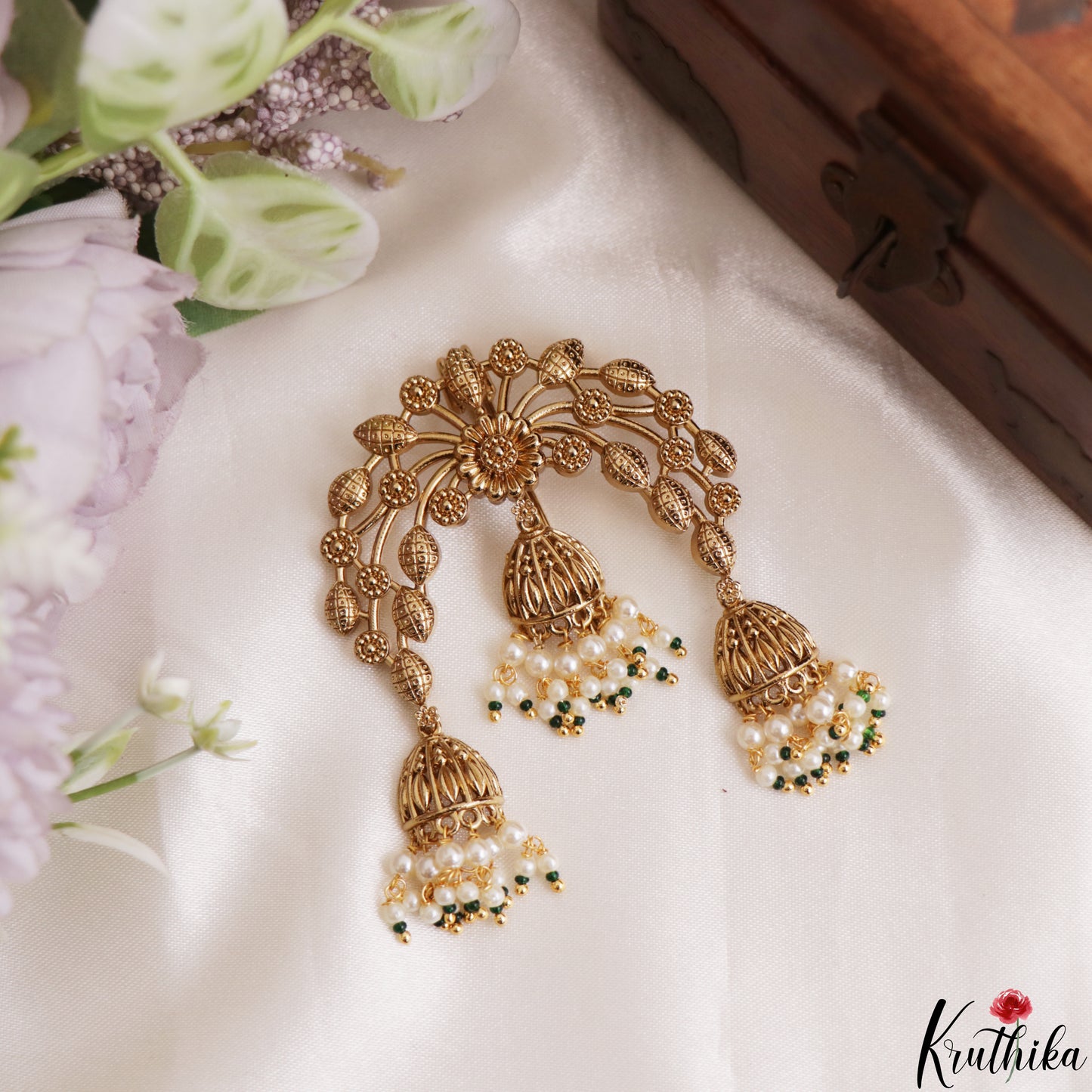 Elegant Antique Leaf Floral Motifs Jhumka Drops Jada Billa With Pearl Bead Drops J429 (Available In 2 Colors)
