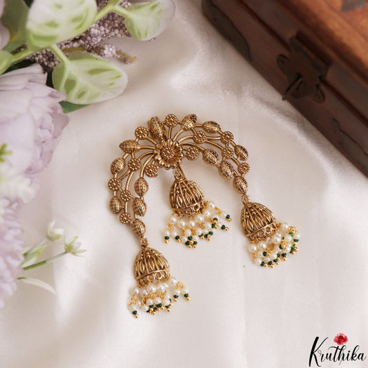 Elegant Antique Leaf Floral Motifs Jhumka Drops Jada Billa With Pearl Bead Drops J429 (Available In 2 Colors)