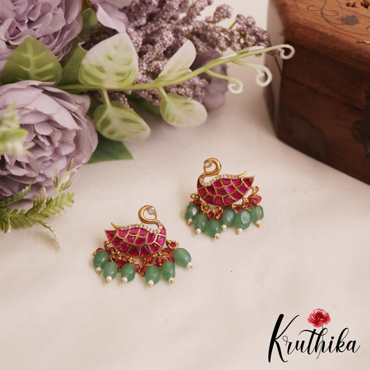 Sparkling Swan Motifs Jadau Stud Earrings With Green Bead Drops E1047