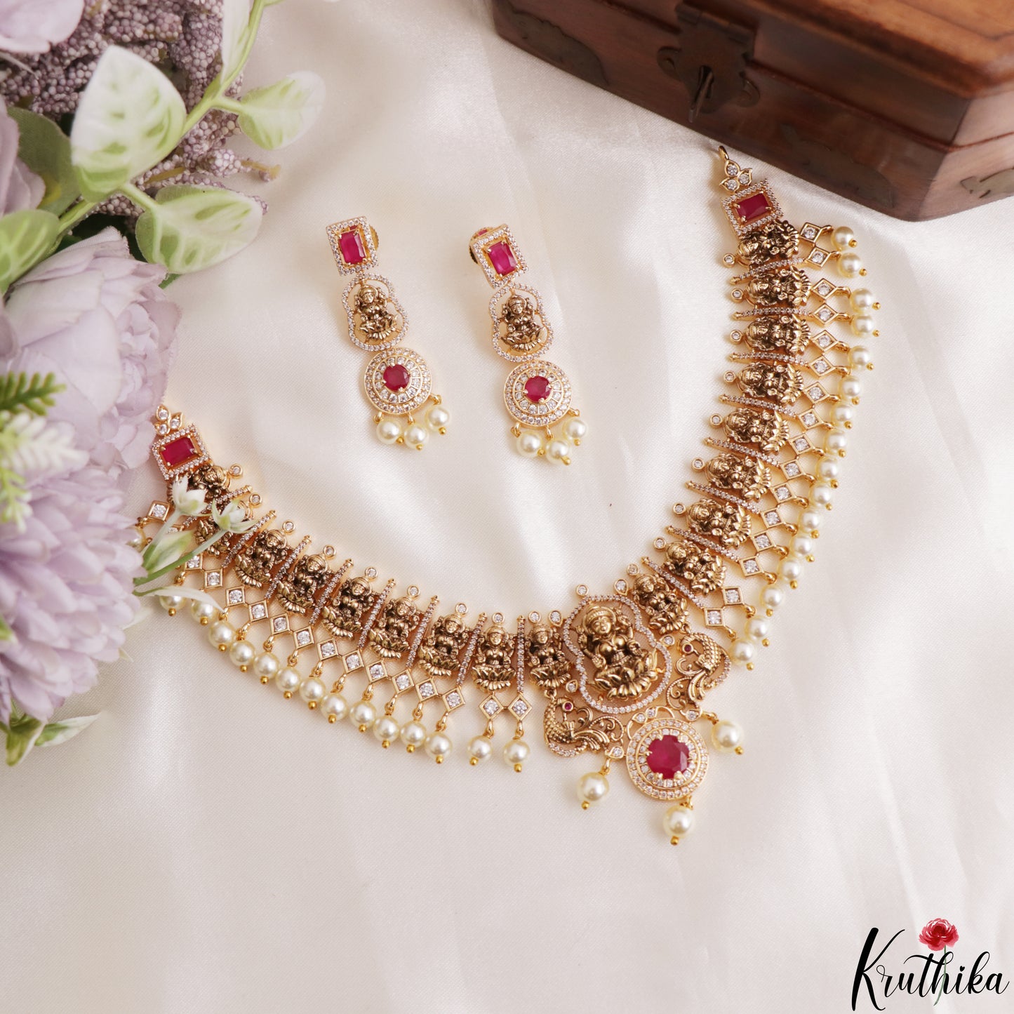 Premium Antique Nagas Lakshmi Motifs Temple Choker With Pearl Drops NC3178 (Available In 2 Colors)