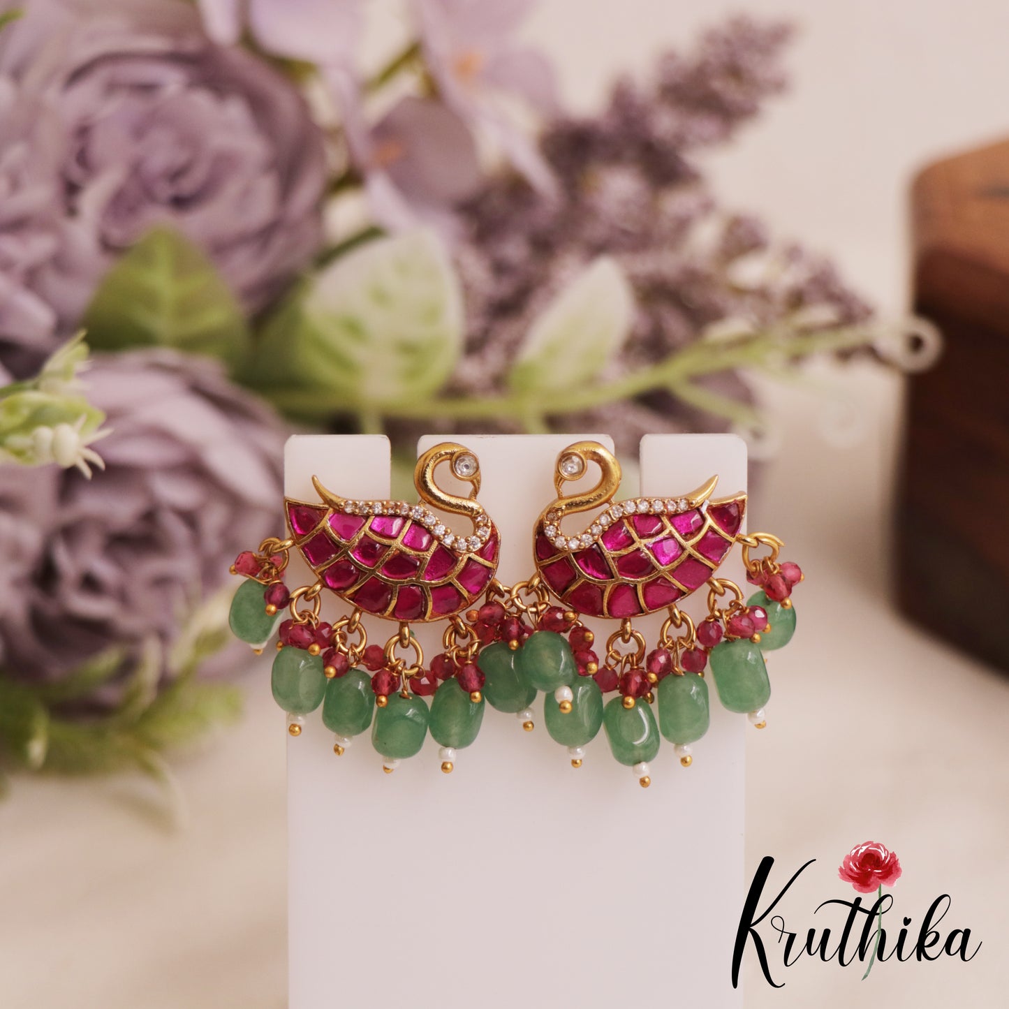 Sparkling Swan Motifs Jadau Stud Earrings With Green Bead Drops E1047